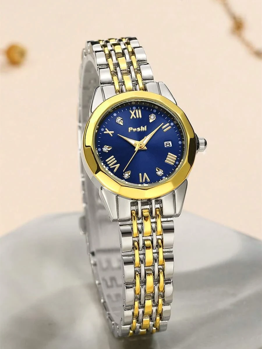 1pc Women Two Tone Titanium Alloy Strap Fashion Date Water Resistance Rhinestone Decor Round Dial Quartz Watch