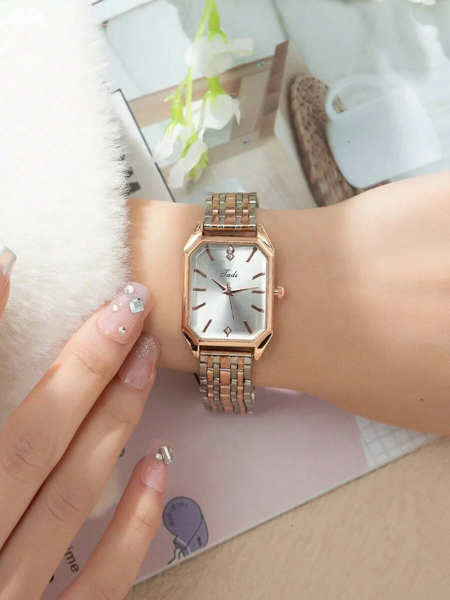 1pc Women Silver & Champagne Stainless Steel Strap Fashion Geometric Dial Quartz Watch, For Daily Decoration