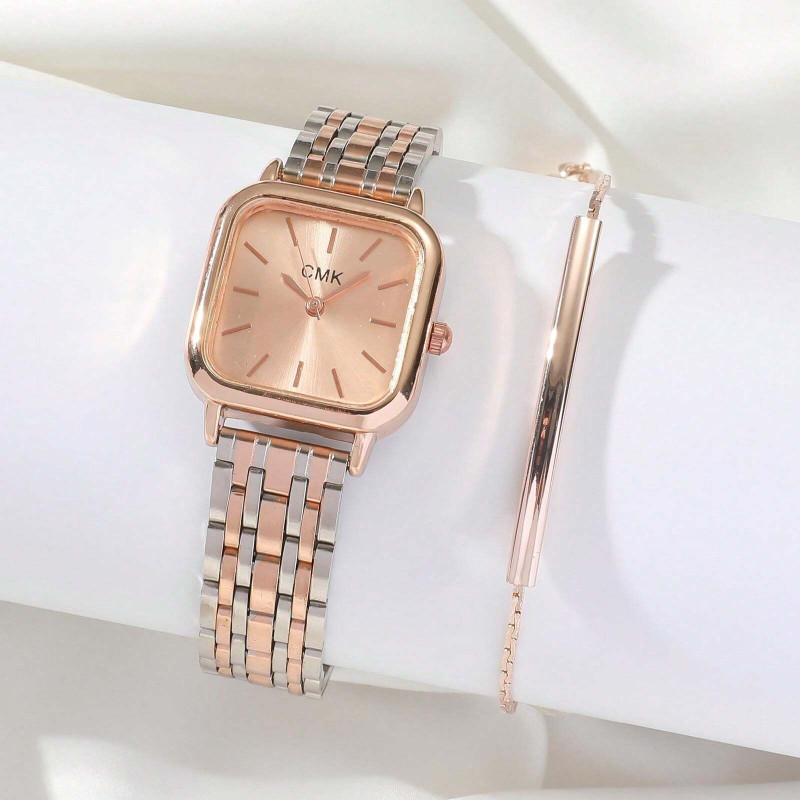 Unique Stainless Steel Strap Wristwatch Women Quartz Watch Set