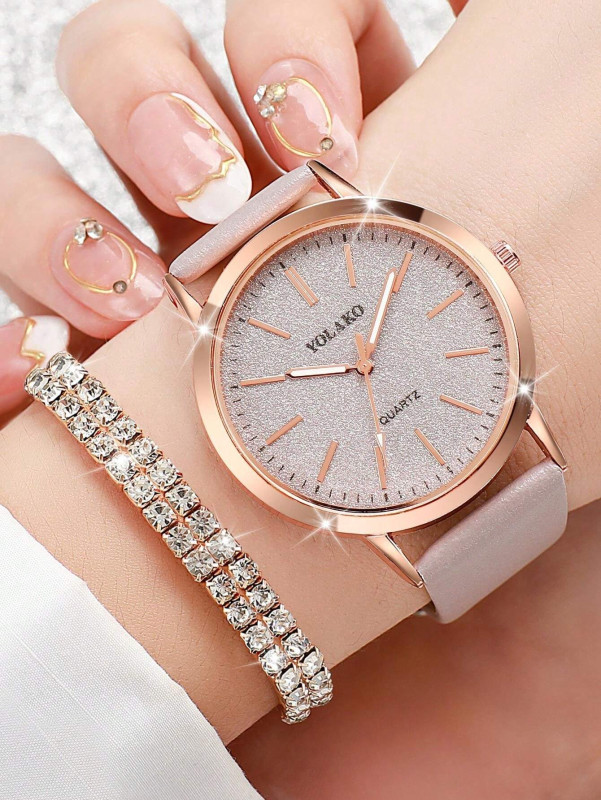Women's Simple Fashionable Matte Dial Quartz Wrist Watch With Belt Matched Jewelry Set (6pcs/Set)