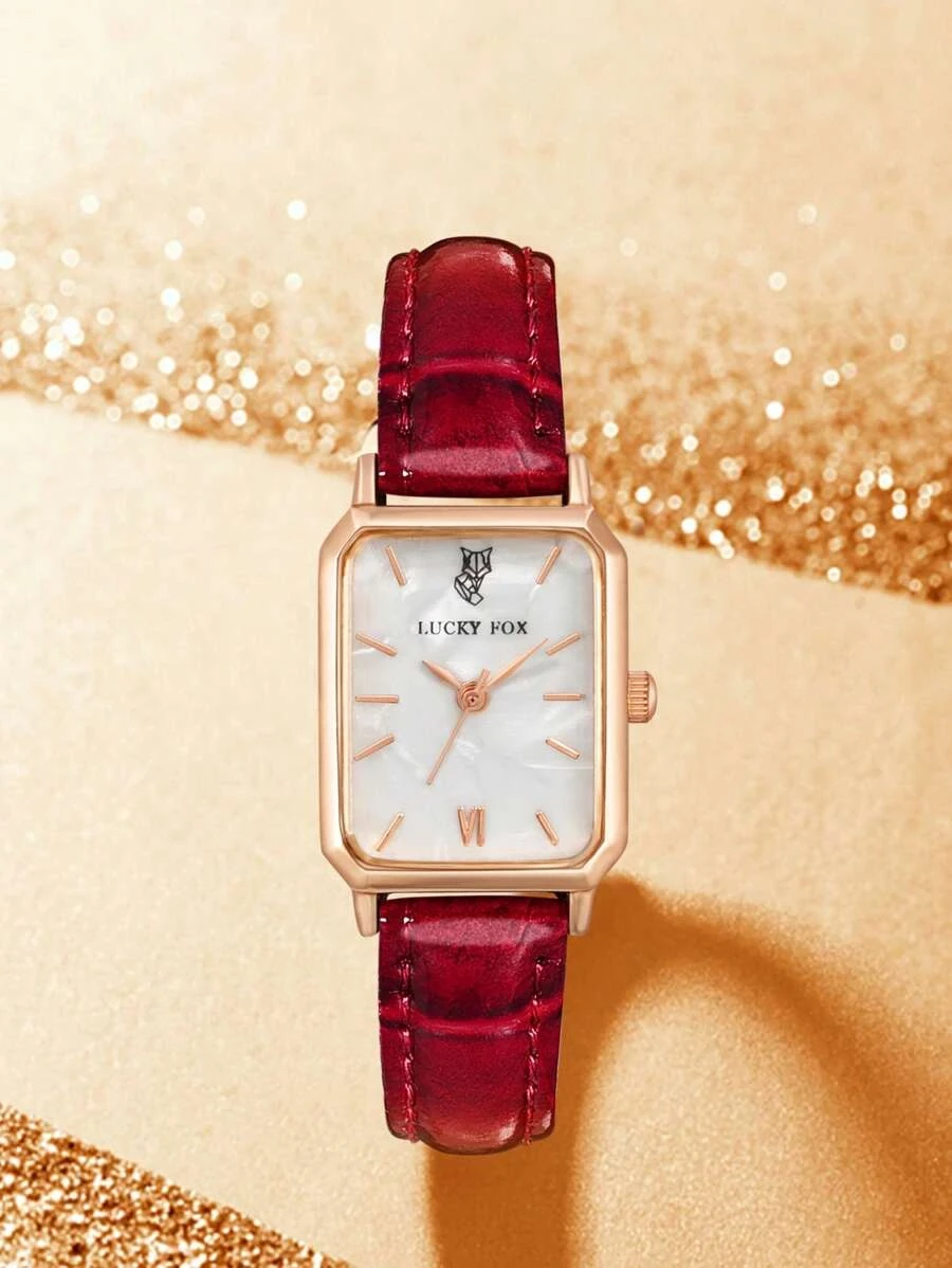 1pc Women Red Crocodile Embossed PU Polyurethane Strap Casual Square Dial Quartz Watch, For Daily Life