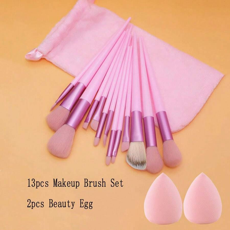 13pcs Makeup Brush Sets & 2pcs Beauty Egg Portable Soft Hair Powder Blusher Brush Eye Shadow Brush Full Set Of Beauty Tools